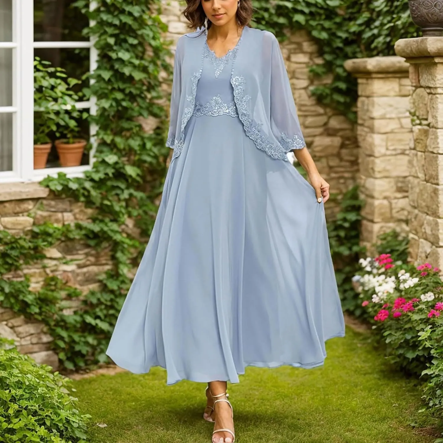 Mother of The Bride Dresses with Jackets Tea Length Chiffon Dresses for Women A-Line 3/4 Sleeve Evening Gown