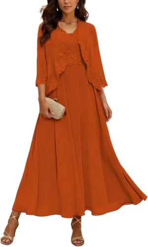 Mother of The Bride Dresses with Jackets Tea Length Chiffon Dresses for Women A-Line 3/4 Sleeve Evening Gown