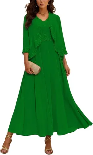 Mother of The Bride Dresses with Jackets Tea Length Chiffon Dresses for Women A-Line 3/4 Sleeve Evening Gown