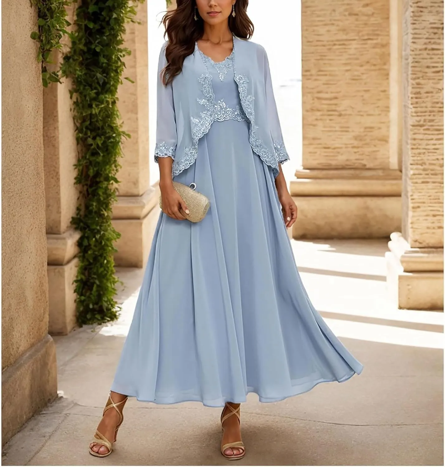 Mother of The Bride Dresses with Jackets Tea Length Chiffon Dresses for Women A-Line 3/4 Sleeve Evening Gown