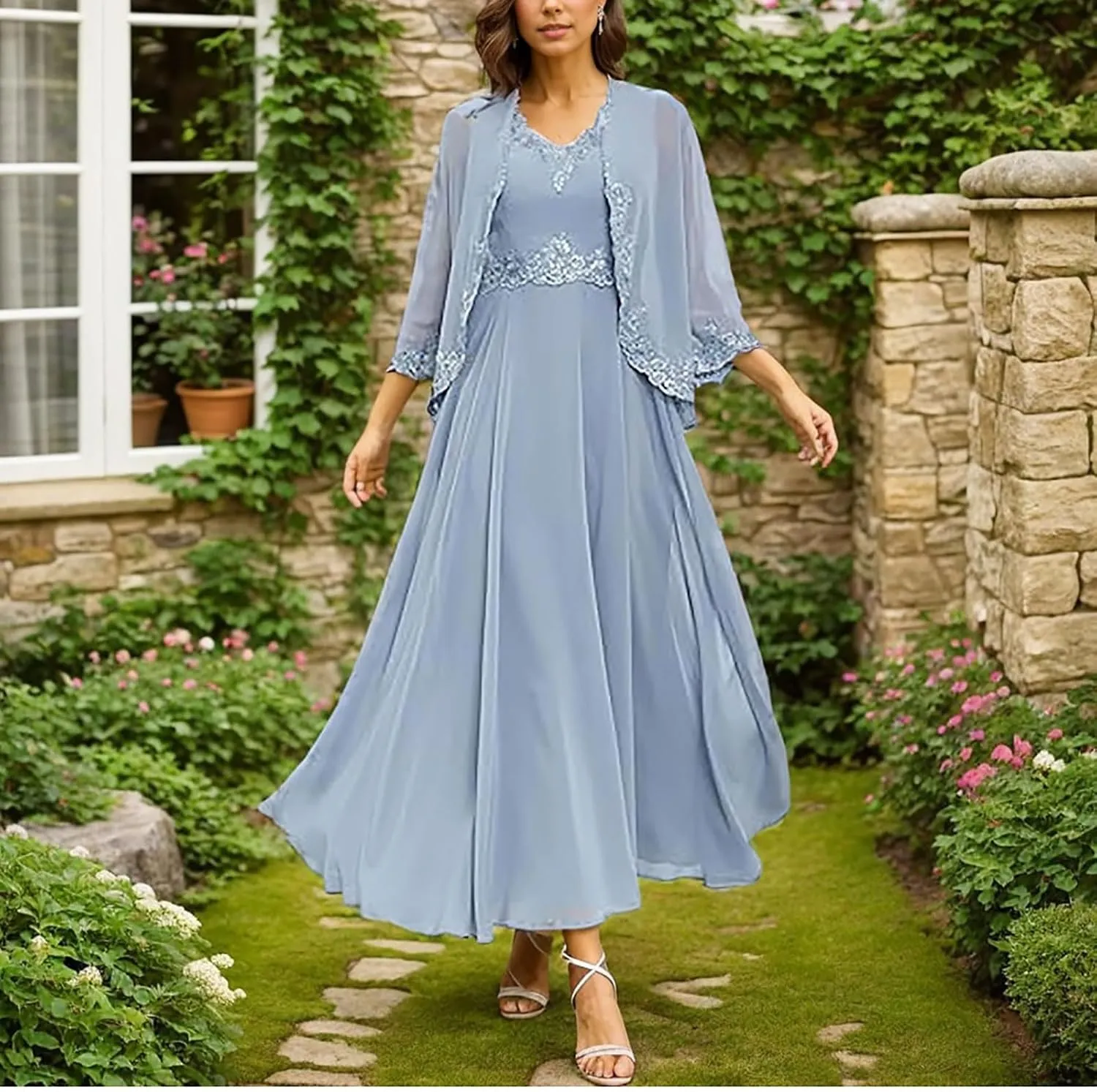 Mother of The Bride Dresses with Jackets Tea Length Chiffon Dresses for Women A-Line 3/4 Sleeve Evening Gown