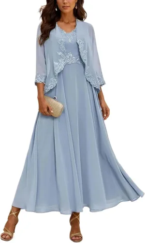 Mother of The Bride Dresses with Jackets Tea Length Chiffon Dresses for Women A-Line 3/4 Sleeve Evening Gown