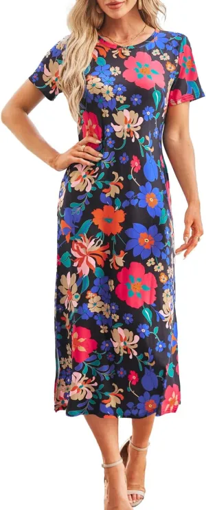 Naggoo Women's Short Sleeve Split Maxi Dress Casual Plain Tie Dye Print Tshirt Long Dresses with Pockets