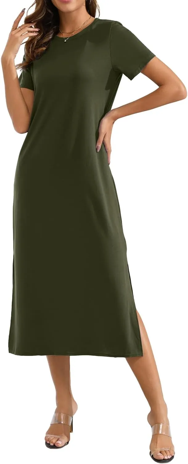 Naggoo Women's Short Sleeve Split Maxi Dress Casual Plain Tie Dye Print Tshirt Long Dresses with Pockets