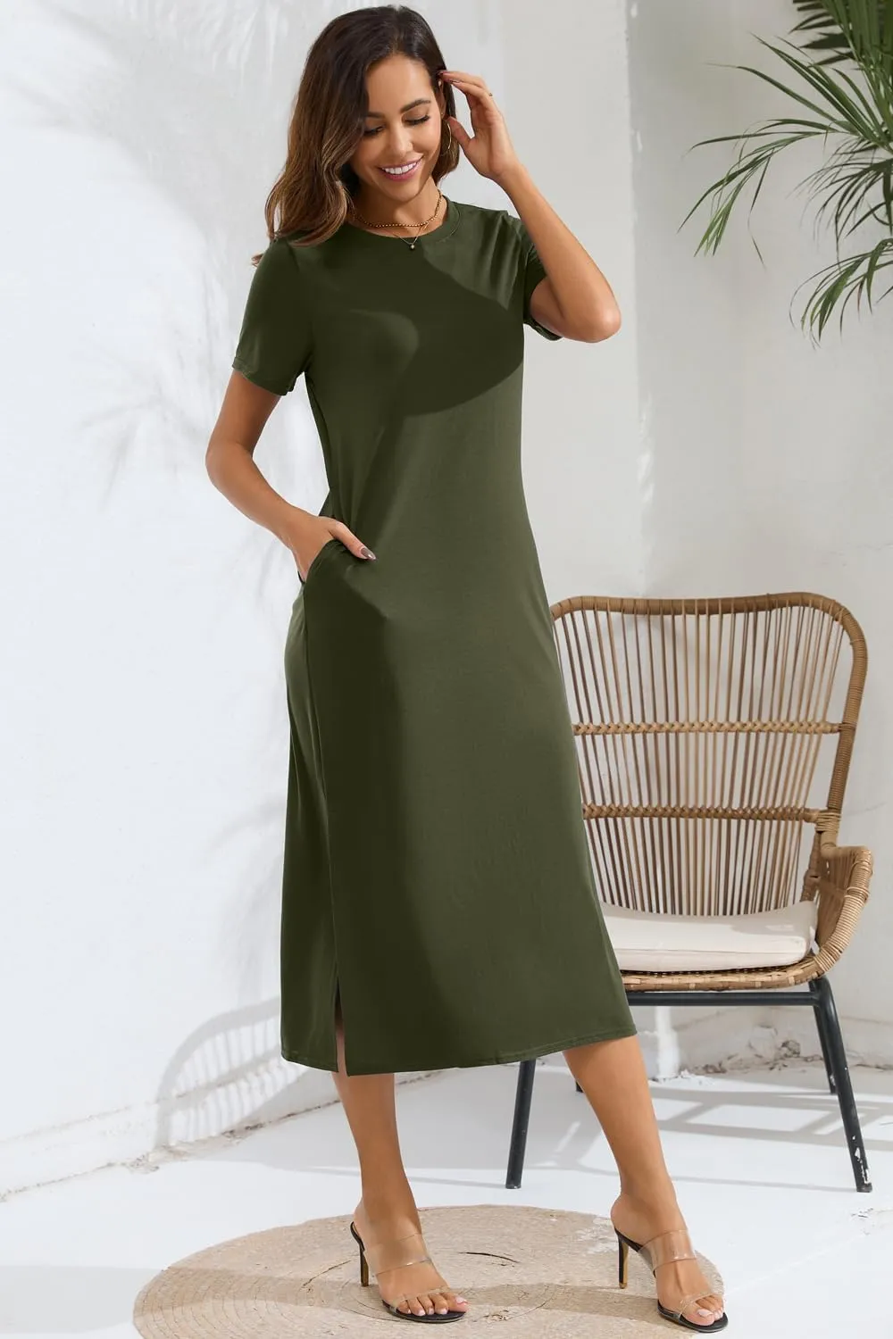 Naggoo Women's Short Sleeve Split Maxi Dress Casual Plain Tie Dye Print Tshirt Long Dresses with Pockets