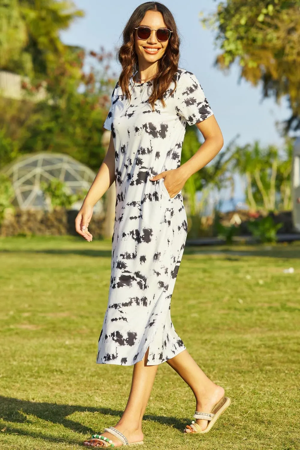Naggoo Women's Short Sleeve Split Maxi Dress Casual Plain Tie Dye Print Tshirt Long Dresses with Pockets