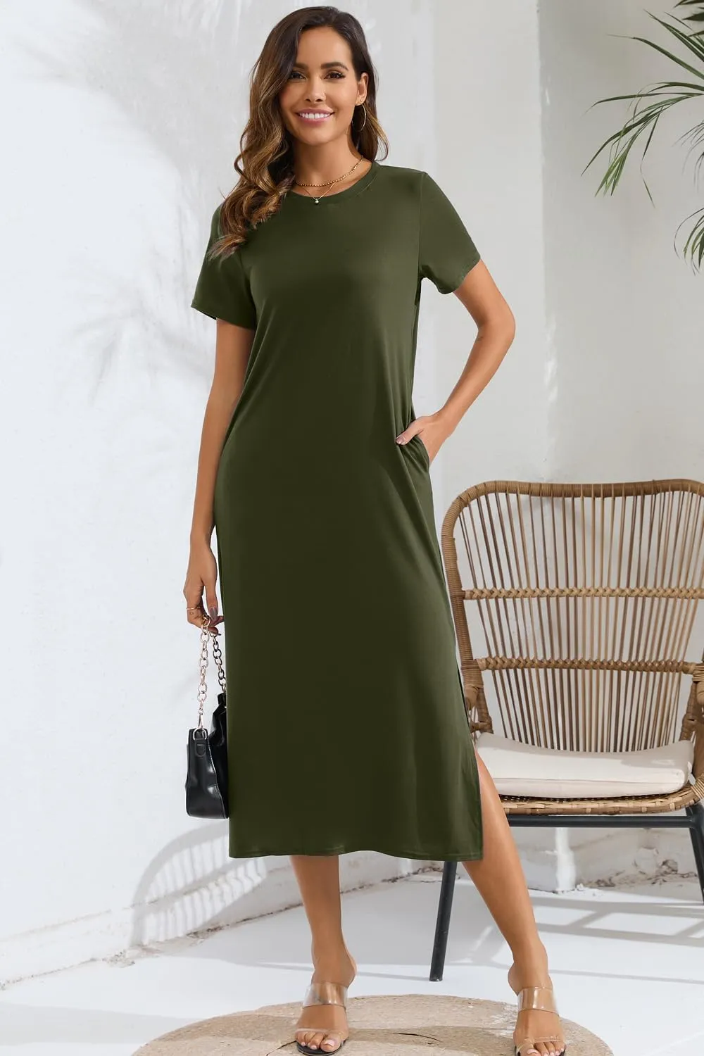 Naggoo Women's Short Sleeve Split Maxi Dress Casual Plain Tie Dye Print Tshirt Long Dresses with Pockets