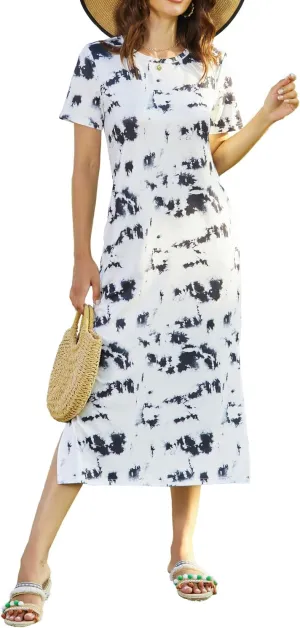 Naggoo Women's Short Sleeve Split Maxi Dress Casual Plain Tie Dye Print Tshirt Long Dresses with Pockets