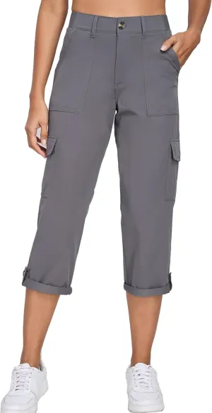 Oalka Women's Cargo Capri Pants Relaxed Fit Knit Waist Cropped Pant Casual Hiking Capris