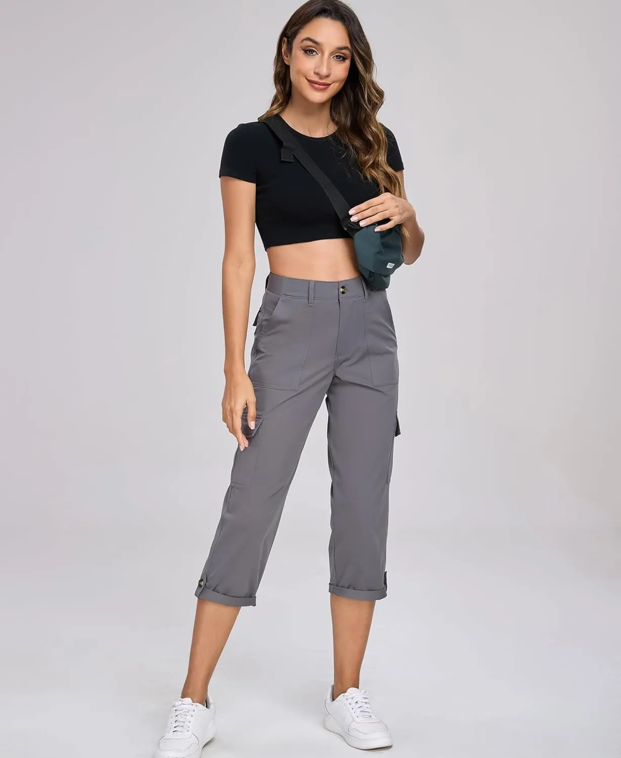 Oalka Women's Cargo Capri Pants Relaxed Fit Knit Waist Cropped Pant Casual Hiking Capris