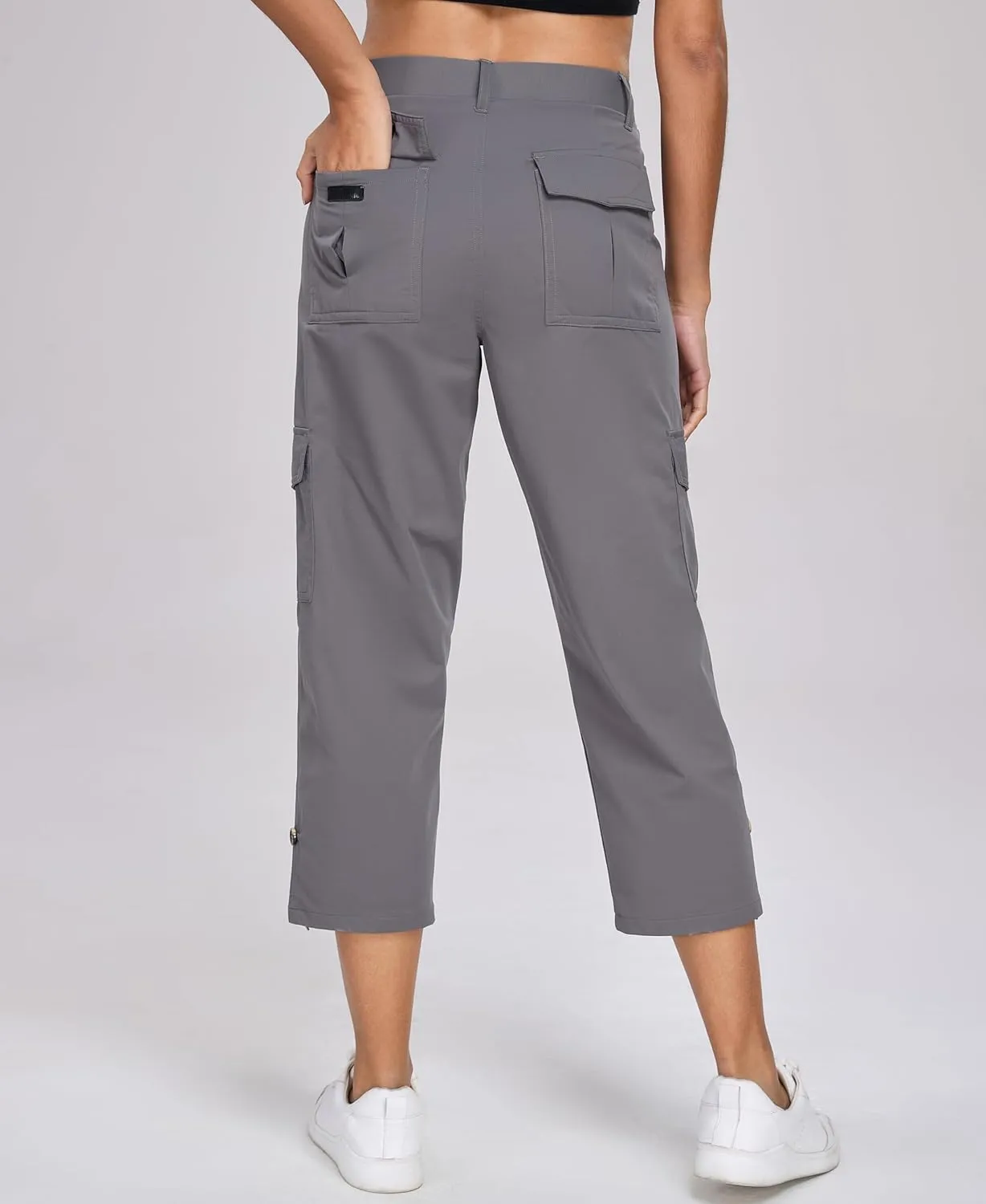 Oalka Women's Cargo Capri Pants Relaxed Fit Knit Waist Cropped Pant Casual Hiking Capris