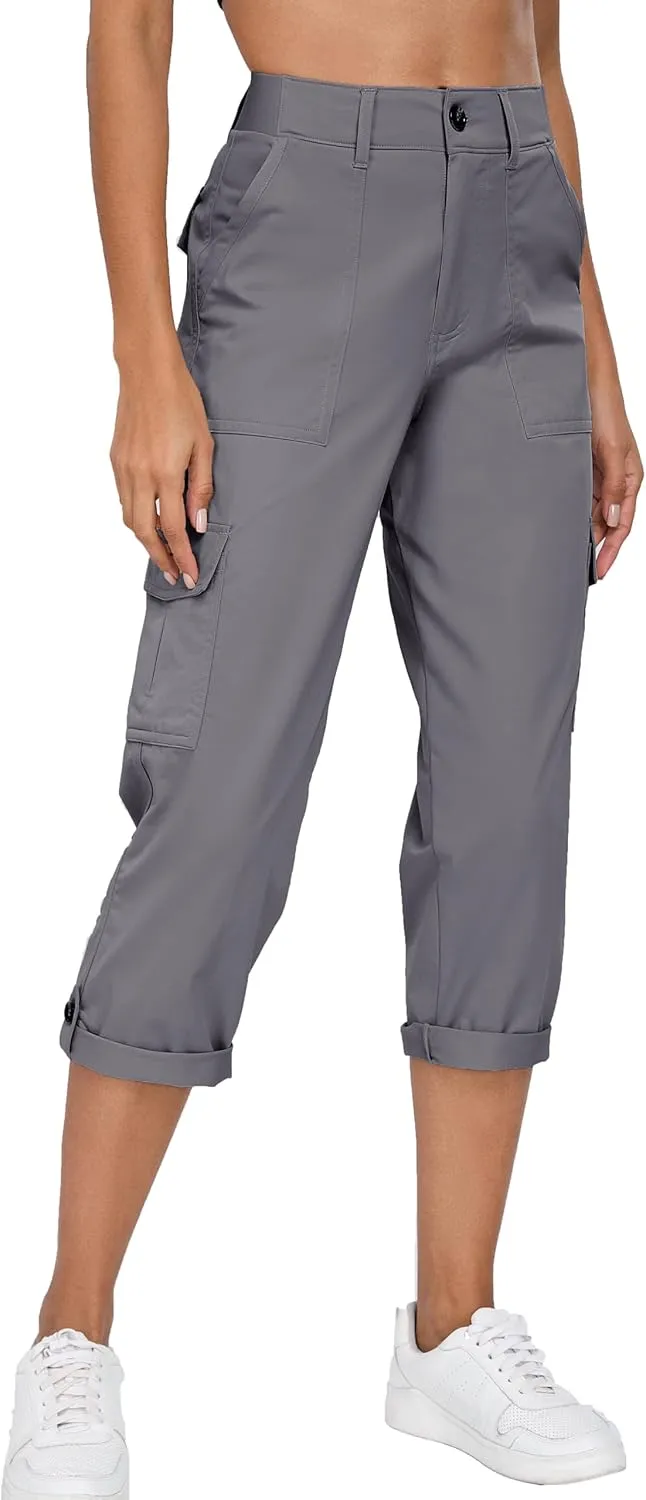 Oalka Women's Cargo Capri Pants Relaxed Fit Knit Waist Cropped Pant Casual Hiking Capris