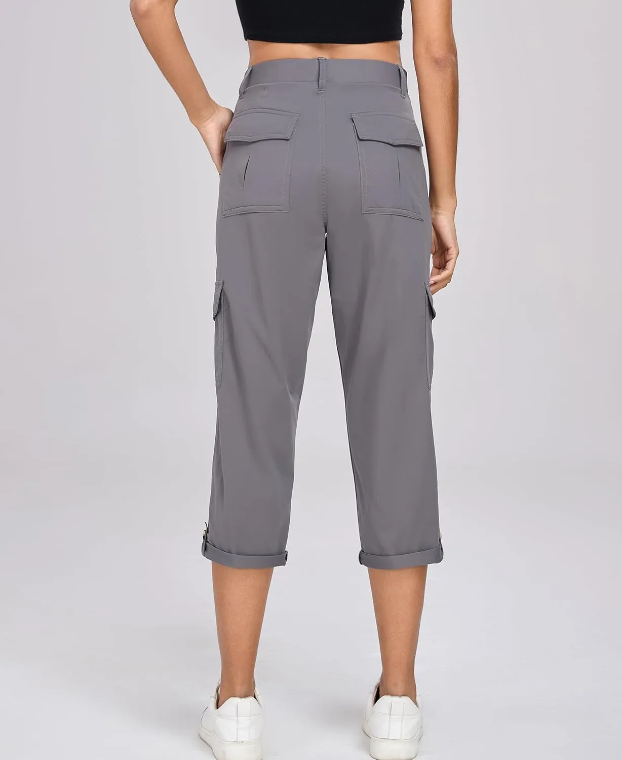 Oalka Women's Cargo Capri Pants Relaxed Fit Knit Waist Cropped Pant Casual Hiking Capris
