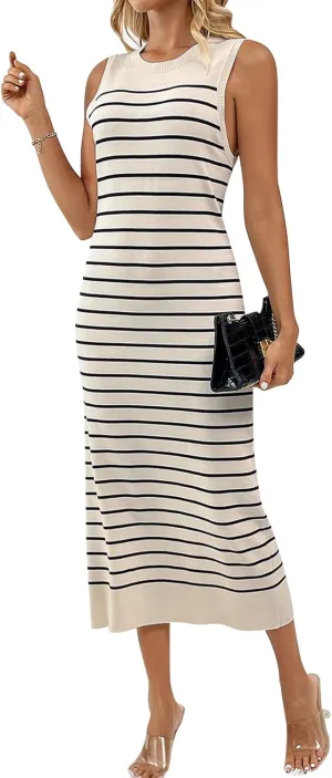 OBEEII Women's Summer Bodycon Midi Dress Casual Sleeveless Crew Neck Striped Knit Sundress Beach Vacation Long Tank Dress