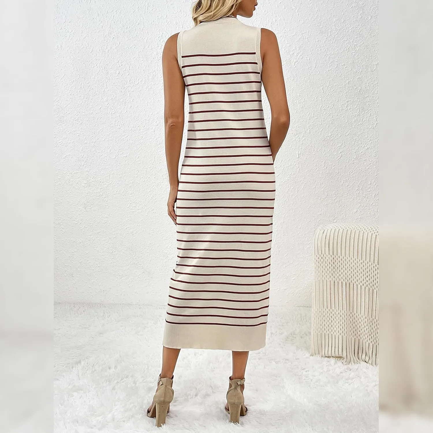 OBEEII Women's Summer Bodycon Midi Dress Casual Sleeveless Crew Neck Striped Knit Sundress Beach Vacation Long Tank Dress