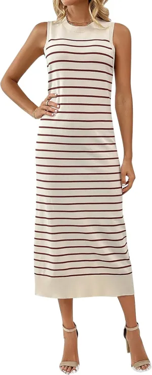 OBEEII Women's Summer Bodycon Midi Dress Casual Sleeveless Crew Neck Striped Knit Sundress Beach Vacation Long Tank Dress