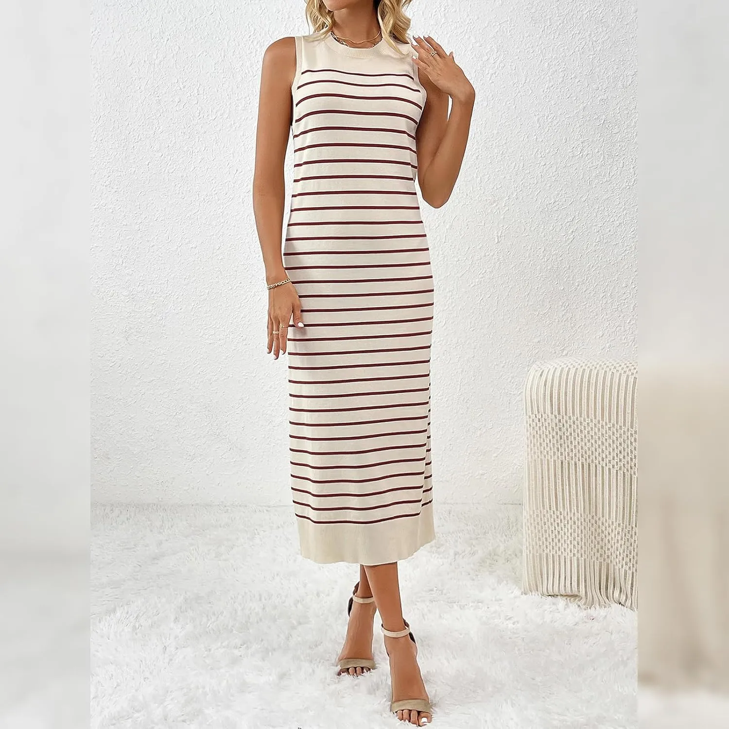 OBEEII Women's Summer Bodycon Midi Dress Casual Sleeveless Crew Neck Striped Knit Sundress Beach Vacation Long Tank Dress