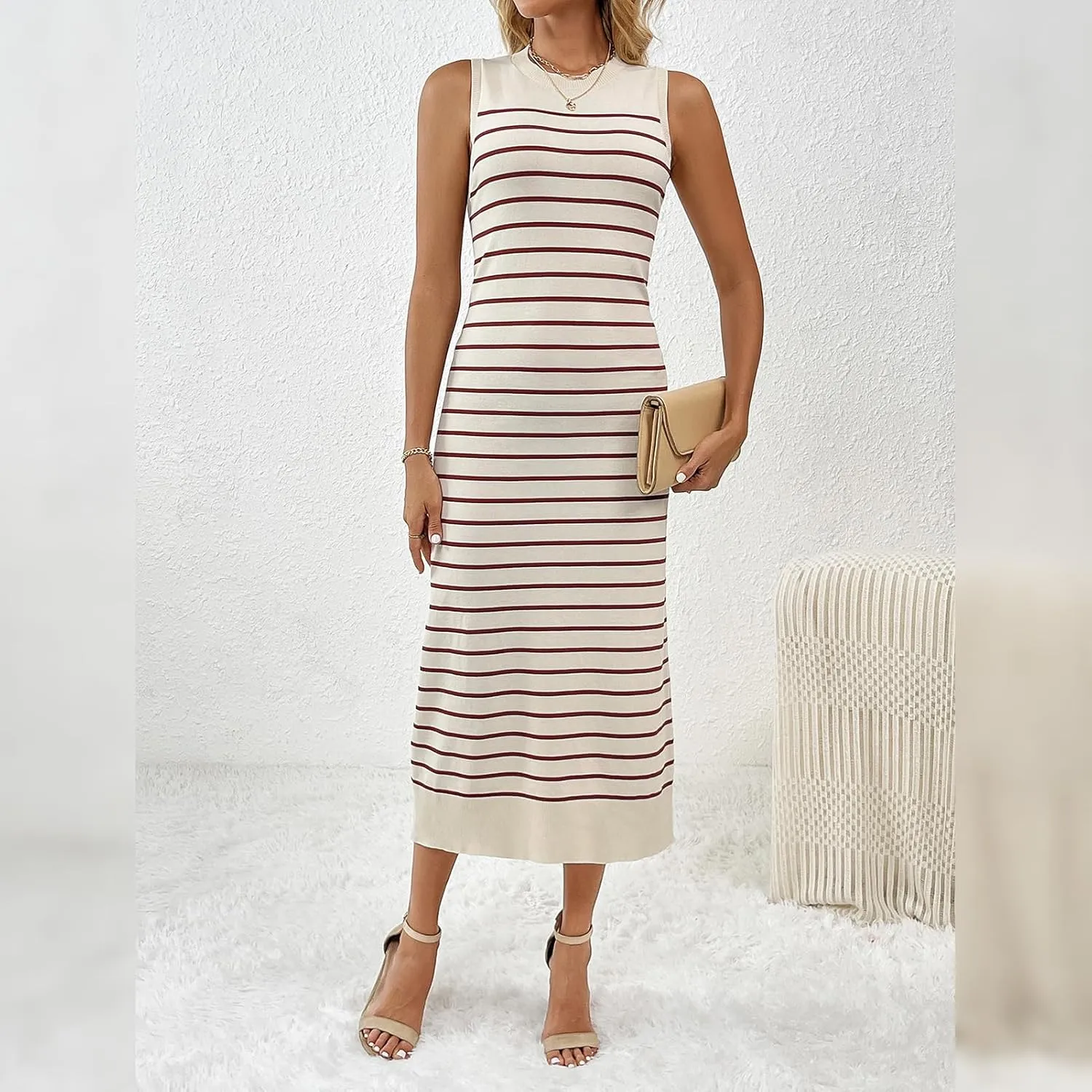 OBEEII Women's Summer Bodycon Midi Dress Casual Sleeveless Crew Neck Striped Knit Sundress Beach Vacation Long Tank Dress