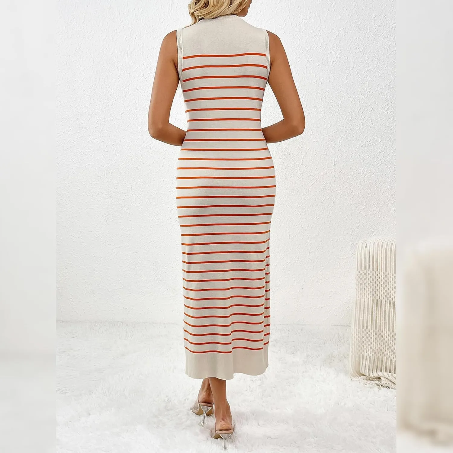 OBEEII Women's Summer Bodycon Midi Dress Casual Sleeveless Crew Neck Striped Knit Sundress Beach Vacation Long Tank Dress