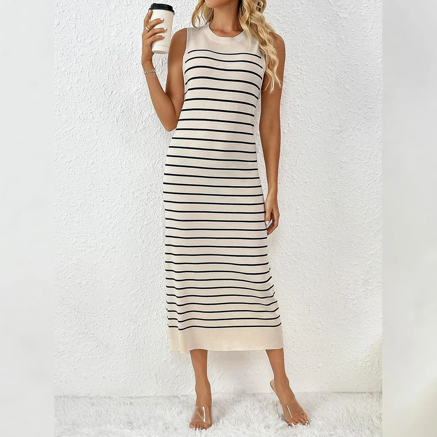 OBEEII Women's Summer Bodycon Midi Dress Casual Sleeveless Crew Neck Striped Knit Sundress Beach Vacation Long Tank Dress