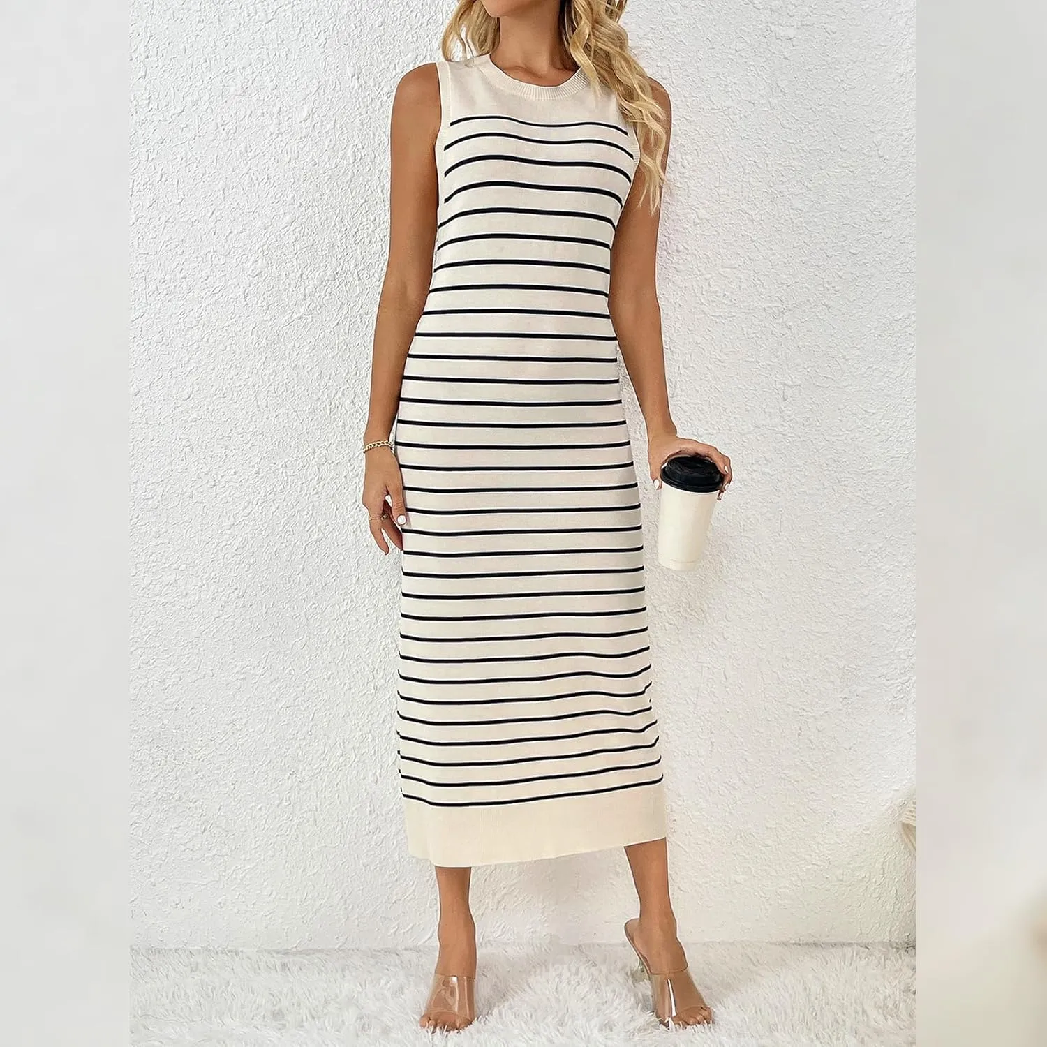 OBEEII Women's Summer Bodycon Midi Dress Casual Sleeveless Crew Neck Striped Knit Sundress Beach Vacation Long Tank Dress
