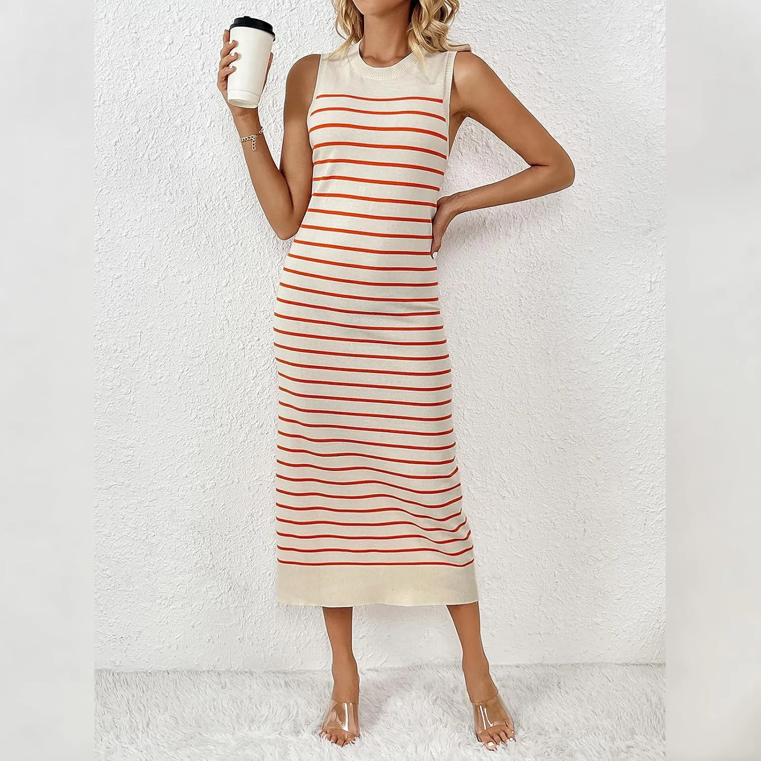 OBEEII Women's Summer Bodycon Midi Dress Casual Sleeveless Crew Neck Striped Knit Sundress Beach Vacation Long Tank Dress