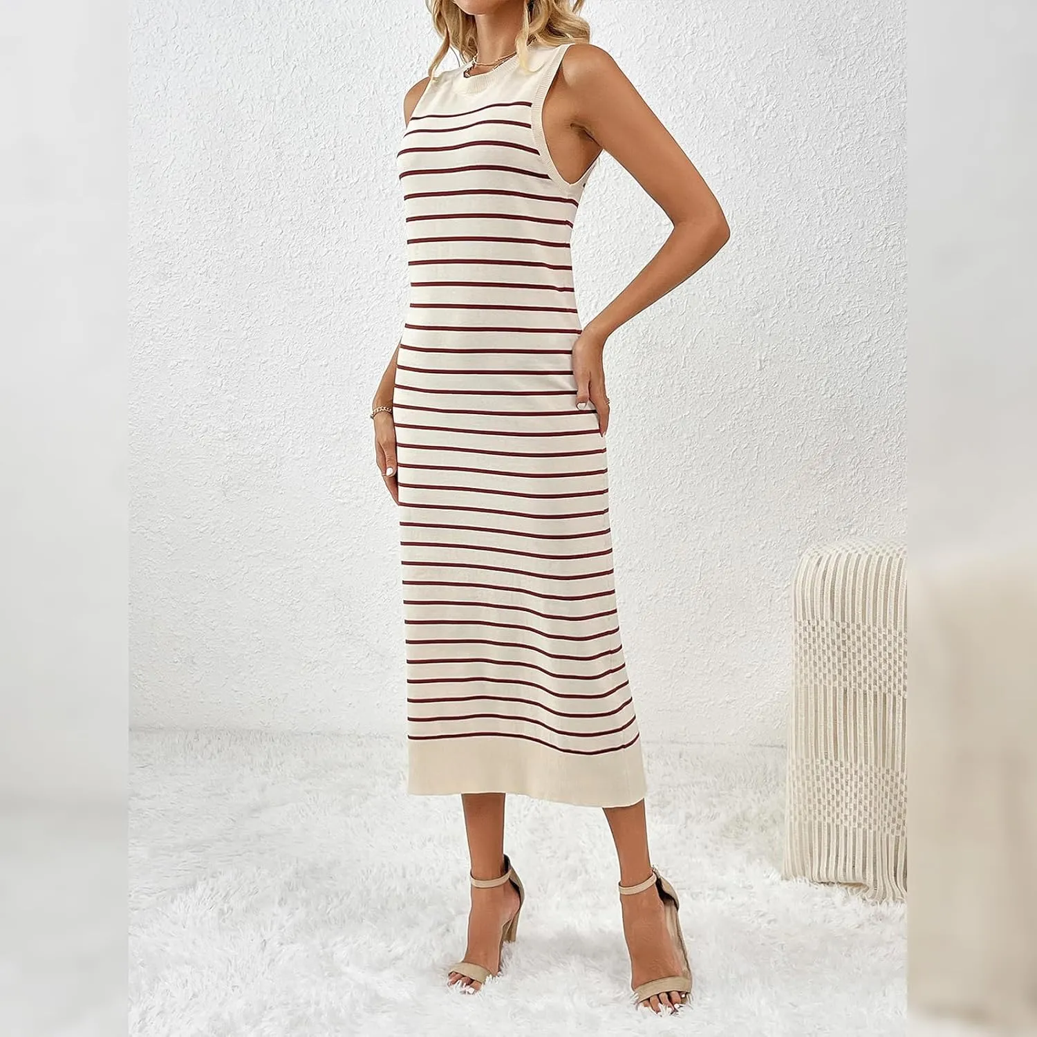 OBEEII Women's Summer Bodycon Midi Dress Casual Sleeveless Crew Neck Striped Knit Sundress Beach Vacation Long Tank Dress