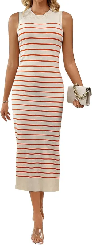 OBEEII Women's Summer Bodycon Midi Dress Casual Sleeveless Crew Neck Striped Knit Sundress Beach Vacation Long Tank Dress