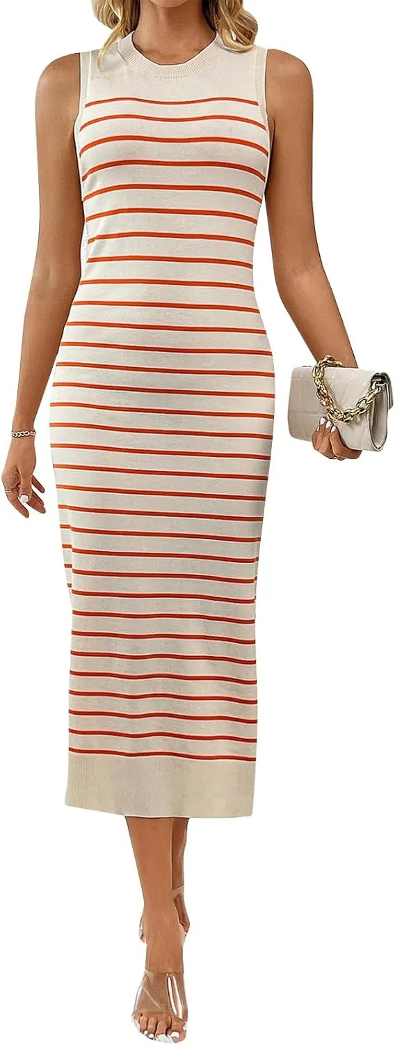 OBEEII Women's Summer Bodycon Midi Dress Casual Sleeveless Crew Neck Striped Knit Sundress Beach Vacation Long Tank Dress