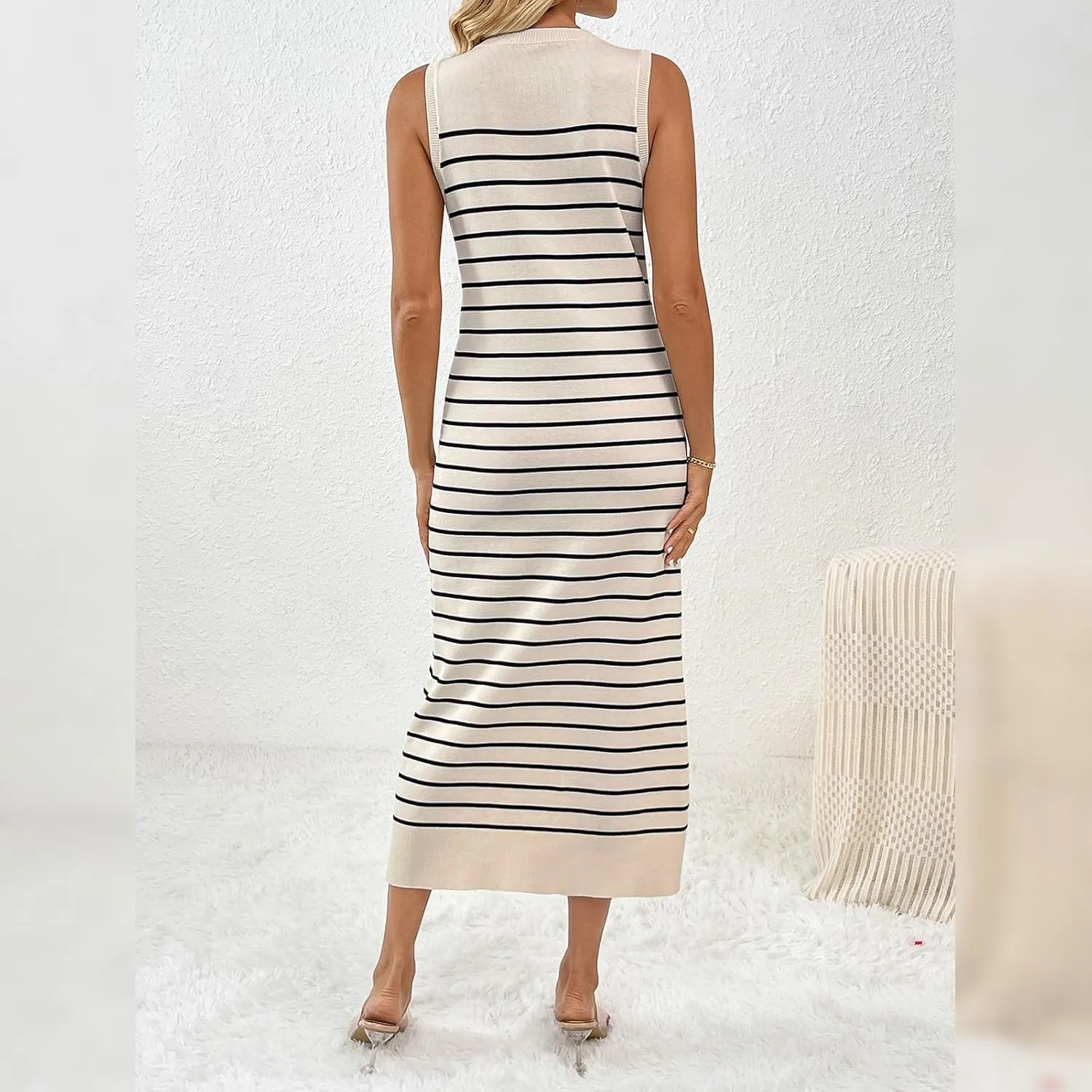 OBEEII Women's Summer Bodycon Midi Dress Casual Sleeveless Crew Neck Striped Knit Sundress Beach Vacation Long Tank Dress