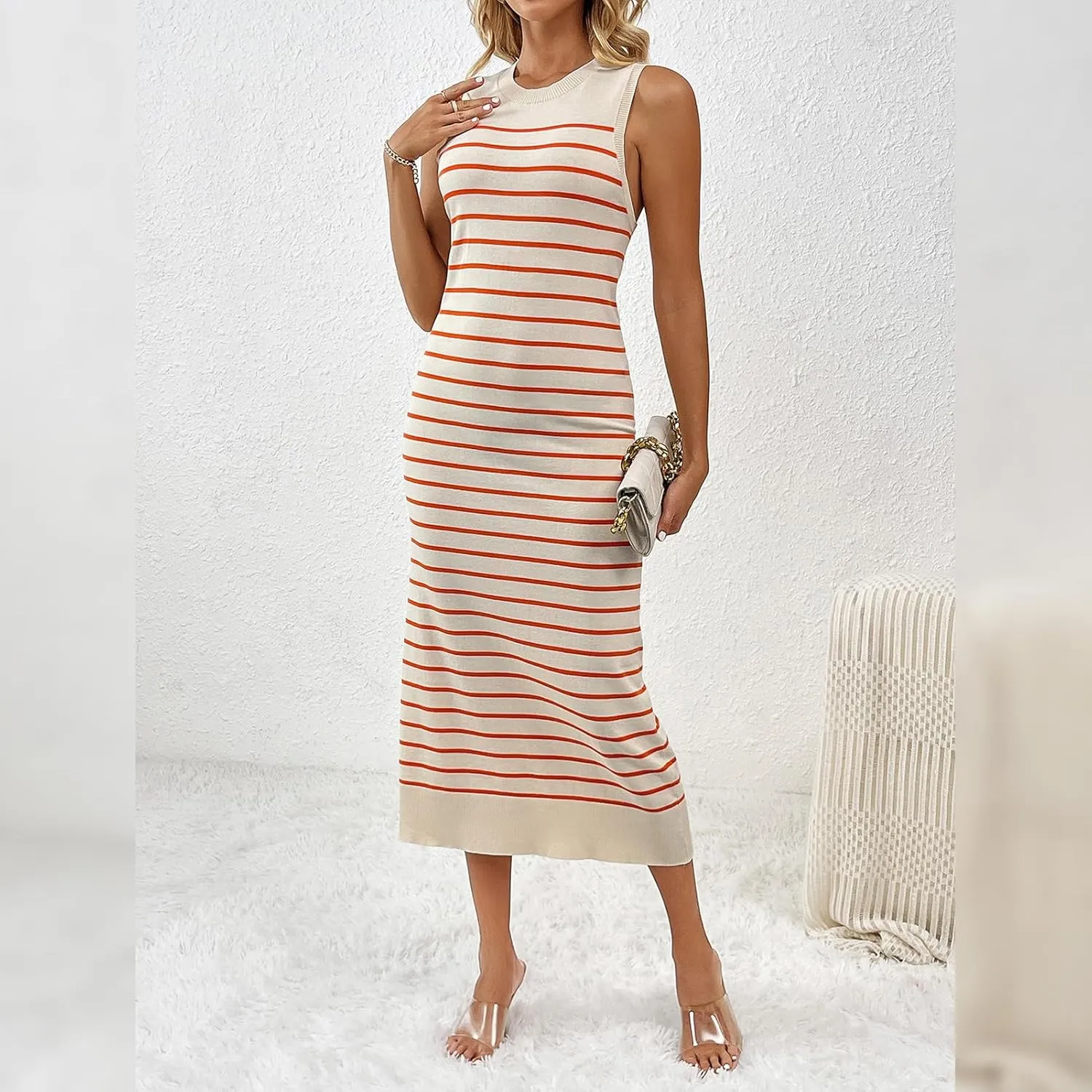 OBEEII Women's Summer Bodycon Midi Dress Casual Sleeveless Crew Neck Striped Knit Sundress Beach Vacation Long Tank Dress