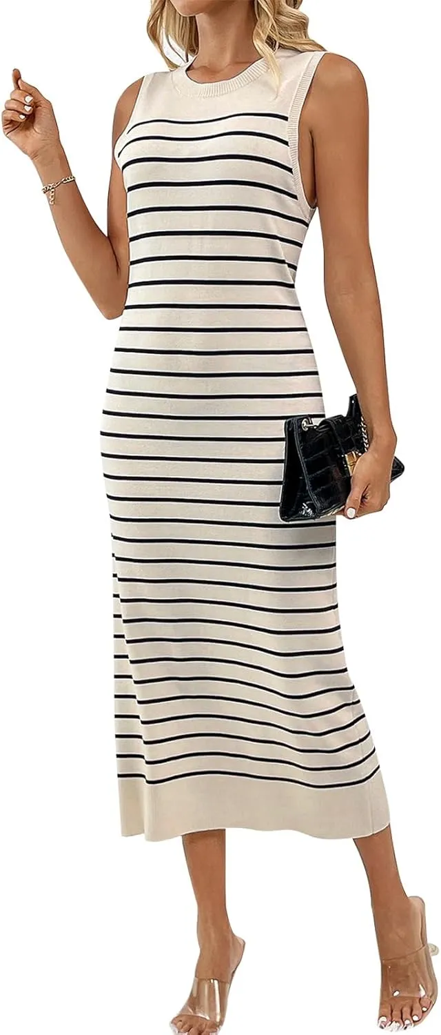 OBEEII Women's Summer Bodycon Midi Dress Casual Sleeveless Crew Neck Striped Knit Sundress Beach Vacation Long Tank Dress