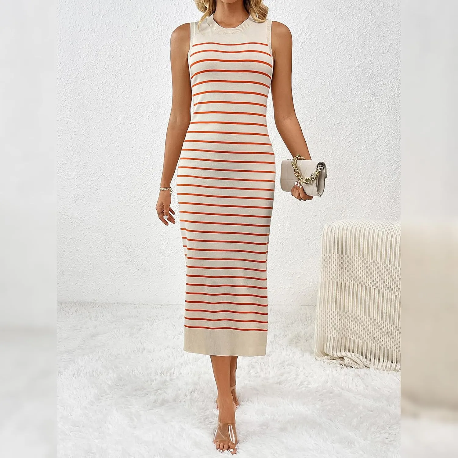 OBEEII Women's Summer Bodycon Midi Dress Casual Sleeveless Crew Neck Striped Knit Sundress Beach Vacation Long Tank Dress