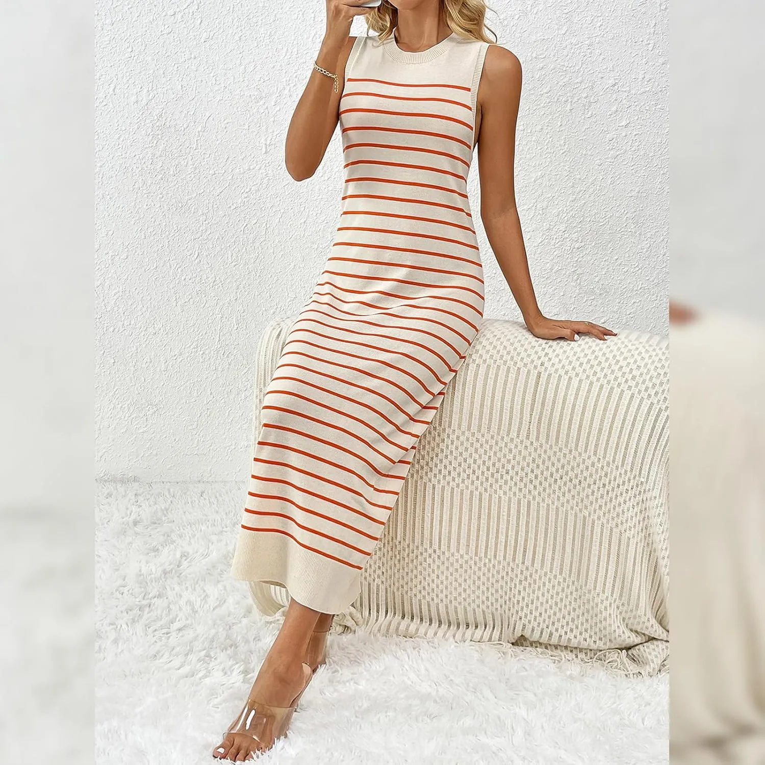 OBEEII Women's Summer Bodycon Midi Dress Casual Sleeveless Crew Neck Striped Knit Sundress Beach Vacation Long Tank Dress
