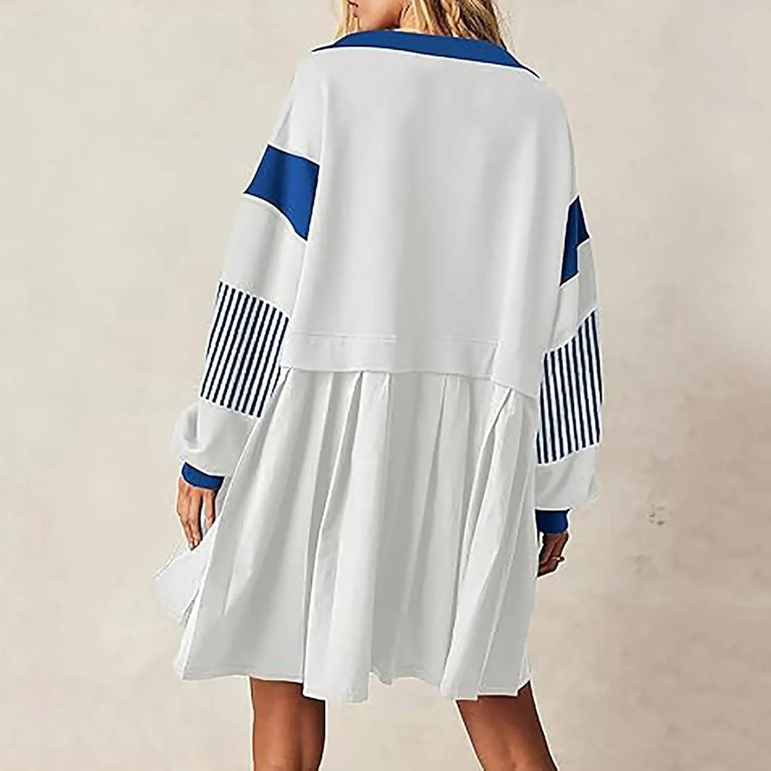 Oversized Sweatshirt for Women Long Sleeve V Neck Patchwork Pleated Pullover Mini Dress Fall Clothes 2024