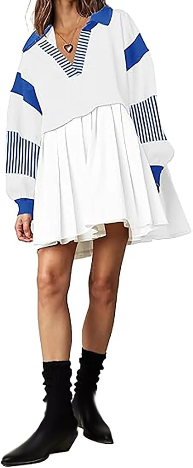 Oversized Sweatshirt for Women Long Sleeve V Neck Patchwork Pleated Pullover Mini Dress Fall Clothes 2024