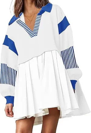 Oversized Sweatshirt for Women Long Sleeve V Neck Patchwork Pleated Pullover Mini Dress Fall Clothes 2024