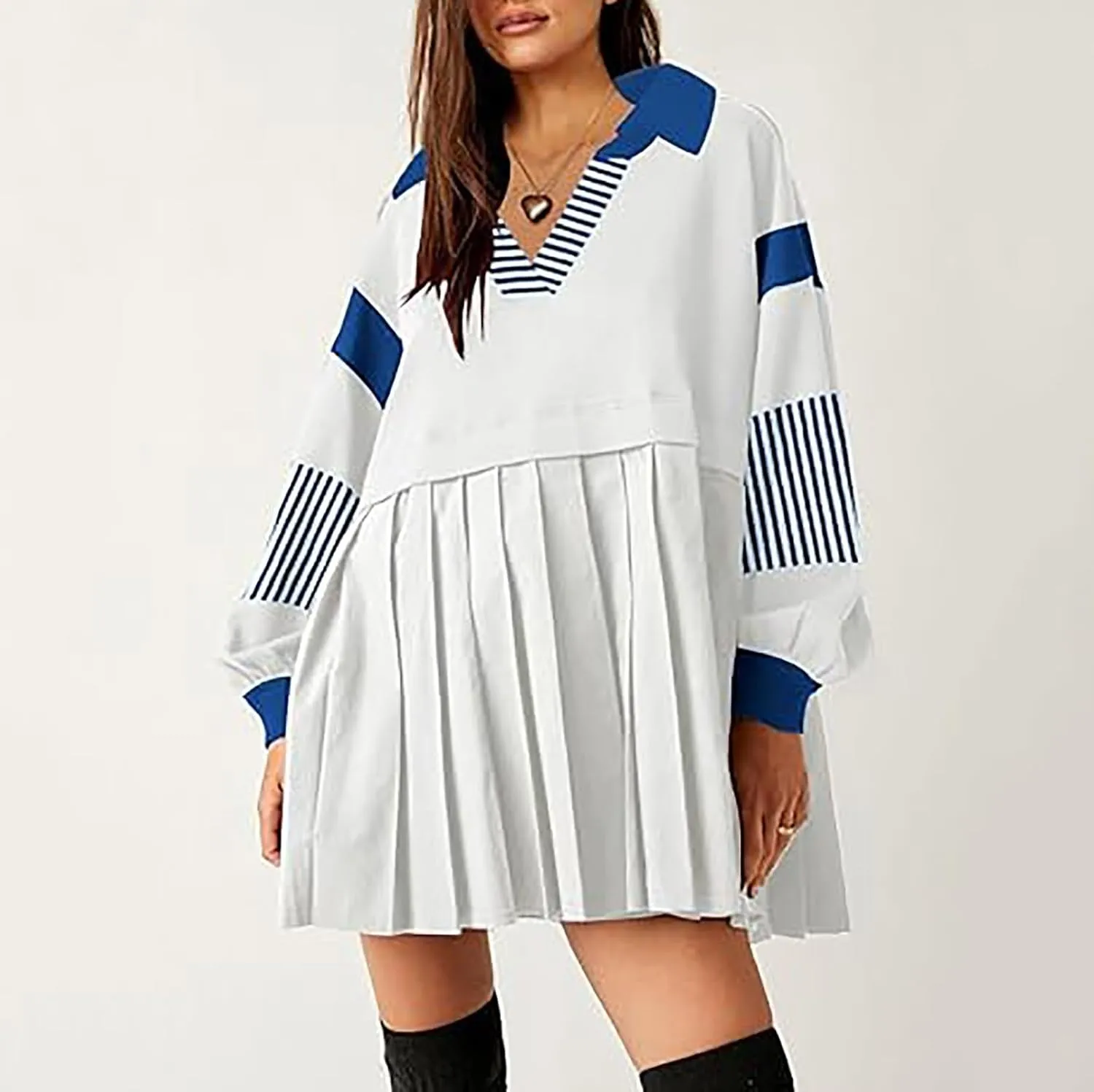 Oversized Sweatshirt for Women Long Sleeve V Neck Patchwork Pleated Pullover Mini Dress Fall Clothes 2024