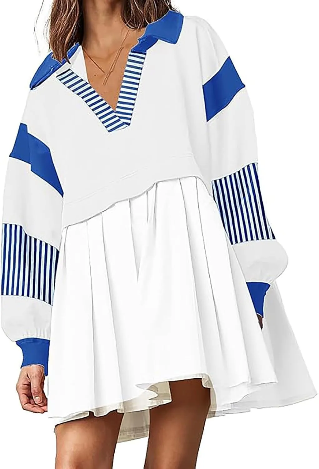 Oversized Sweatshirt for Women Long Sleeve V Neck Patchwork Pleated Pullover Mini Dress Fall Clothes 2024