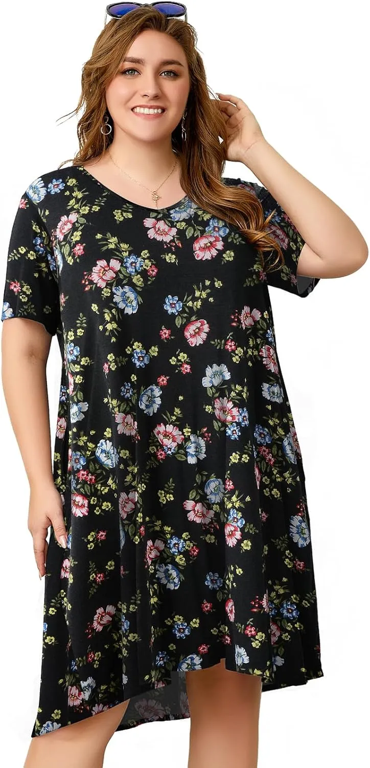 OVERWORETY Womens Short Sleeve Plus Size T-Shirt Dress V Neck Casual Loose Swing A-Line Summer Tunic Dresses with Pockets