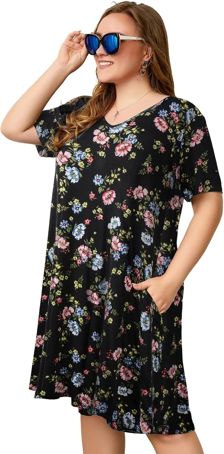 OVERWORETY Womens Short Sleeve Plus Size T-Shirt Dress V Neck Casual Loose Swing A-Line Summer Tunic Dresses with Pockets