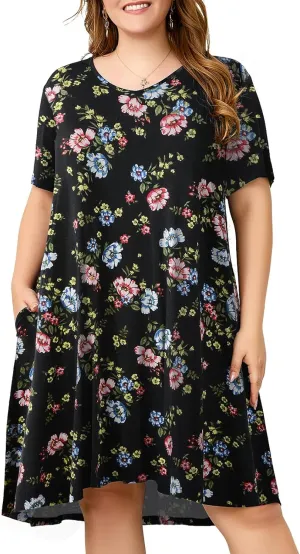 OVERWORETY Womens Short Sleeve Plus Size T-Shirt Dress V Neck Casual Loose Swing A-Line Summer Tunic Dresses with Pockets