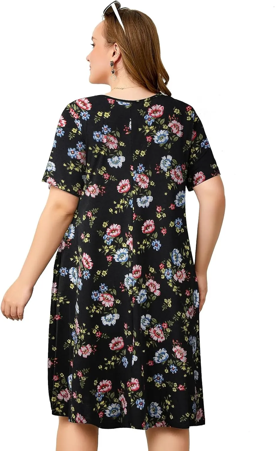 OVERWORETY Womens Short Sleeve Plus Size T-Shirt Dress V Neck Casual Loose Swing A-Line Summer Tunic Dresses with Pockets