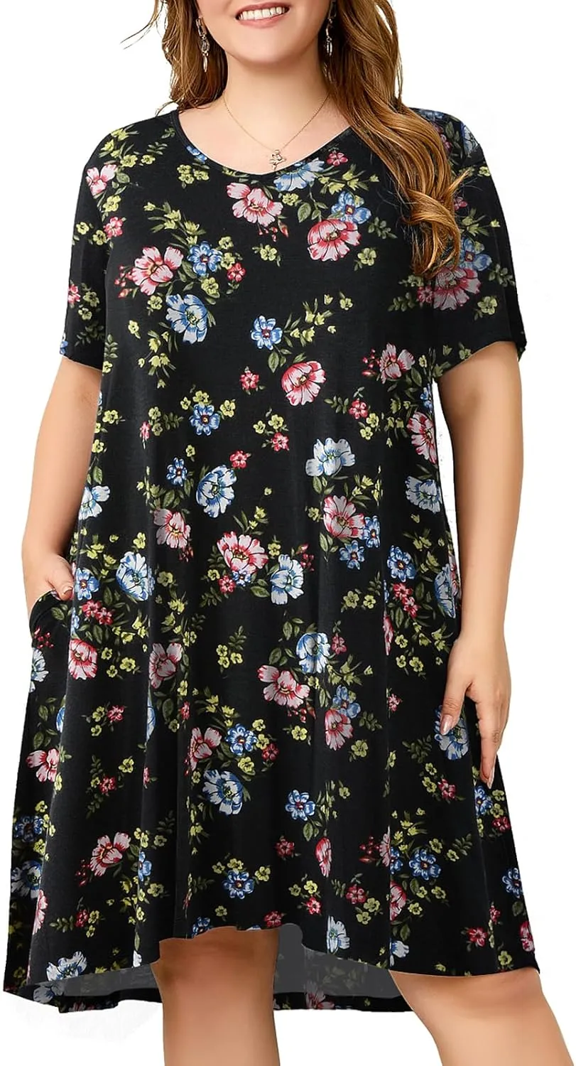 OVERWORETY Womens Short Sleeve Plus Size T-Shirt Dress V Neck Casual Loose Swing A-Line Summer Tunic Dresses with Pockets