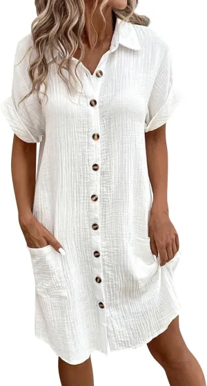 Palaver Summer Dresses for Women 2025 Casual Button Down Short Sleeve Tshirt Dress Boho Vacation Midi Dresses with Pockets