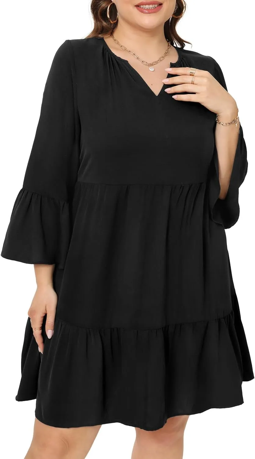 Pinup Fashion Plus Size Summer Dress - Casual Babydoll Tunic V Neck Short Ruffle Sleeve Tiered Dresses