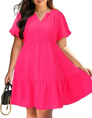 Pinup Fashion Plus Size Summer Dress - Casual Babydoll Tunic V Neck Short Ruffle Sleeve Tiered Dresses