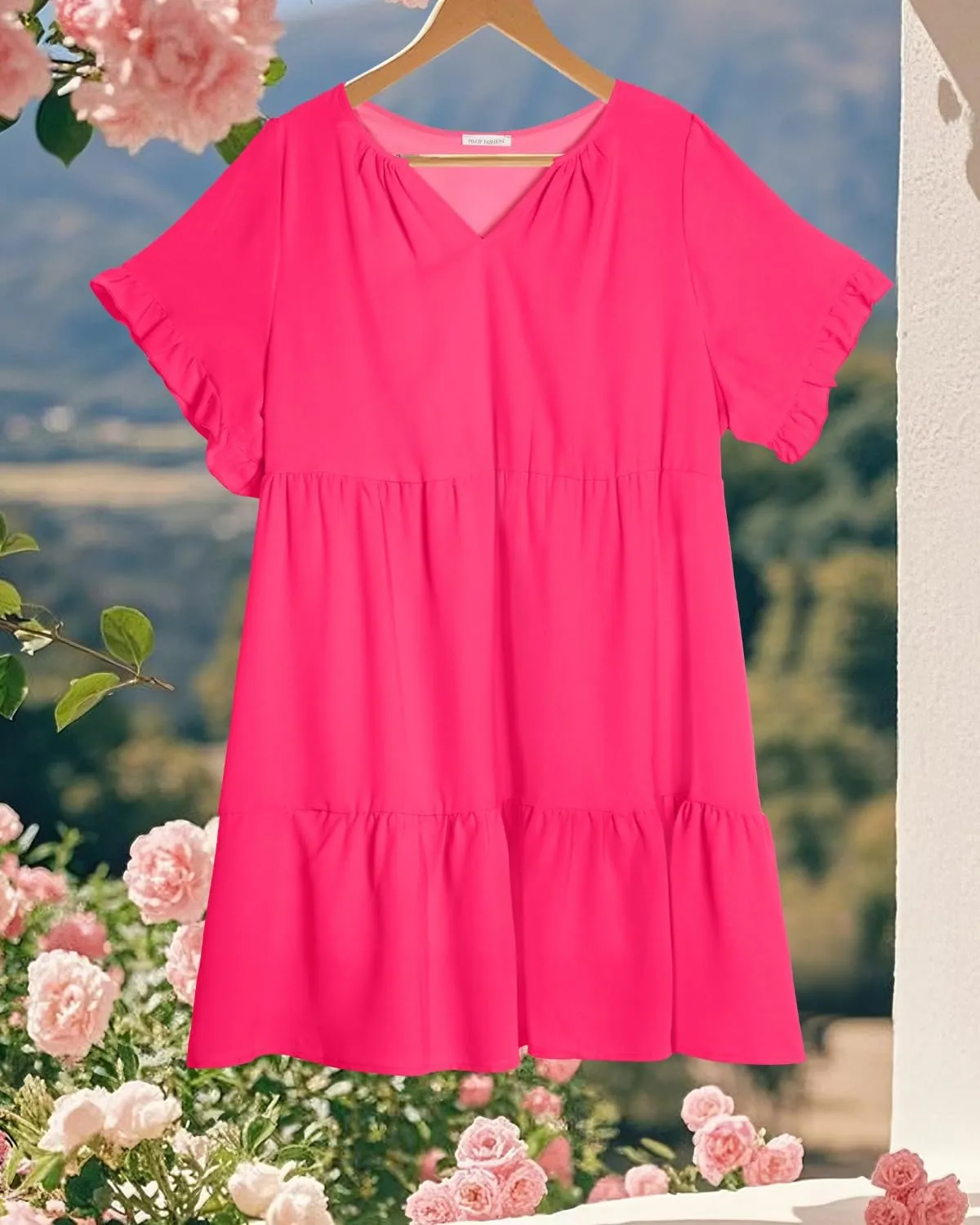 Pinup Fashion Plus Size Summer Dress - Casual Babydoll Tunic V Neck Short Ruffle Sleeve Tiered Dresses