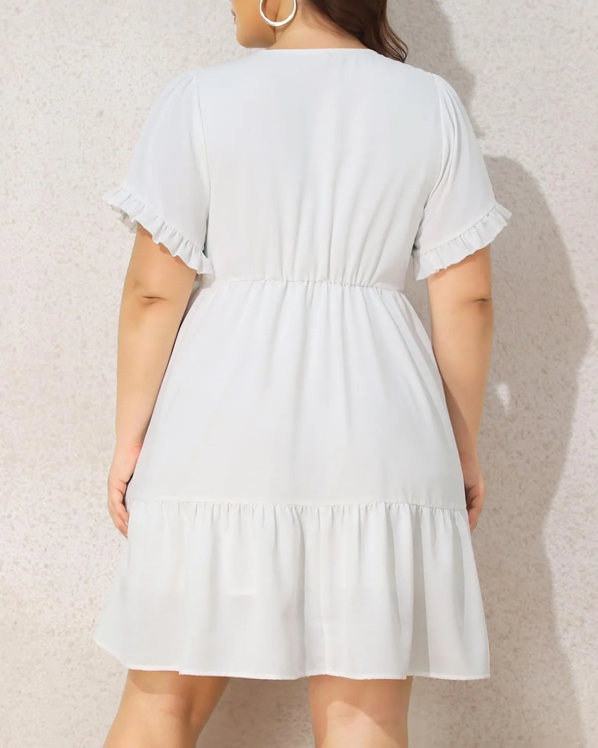 Pinup Fashion Plus Size Summer Dress - Casual Babydoll Tunic V Neck Short Ruffle Sleeve Tiered Dresses