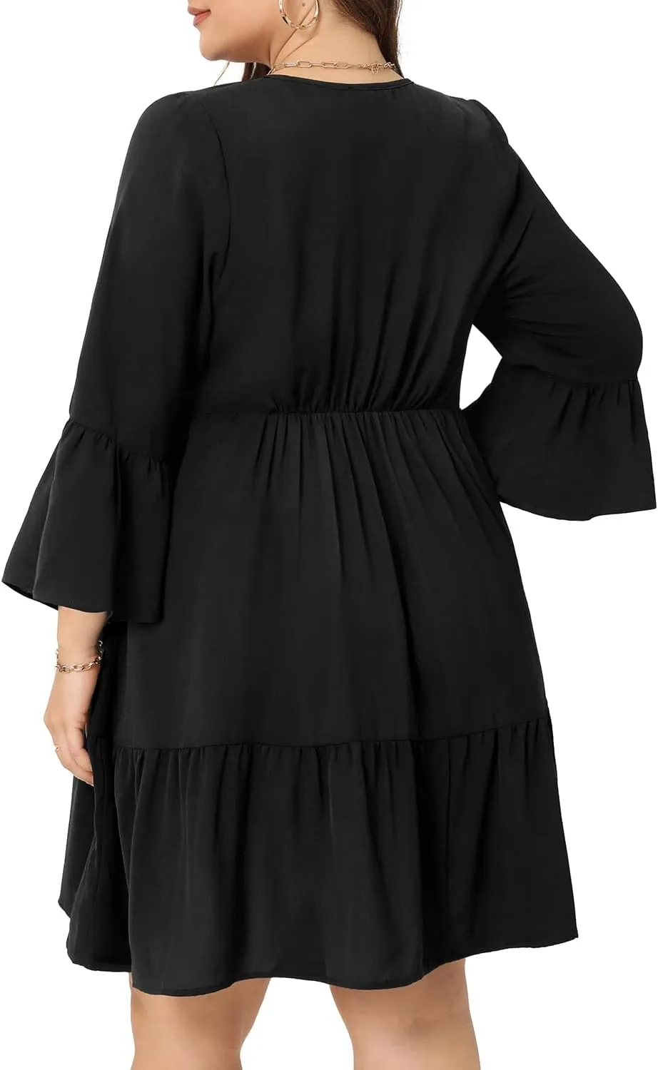 Pinup Fashion Plus Size Summer Dress - Casual Babydoll Tunic V Neck Short Ruffle Sleeve Tiered Dresses